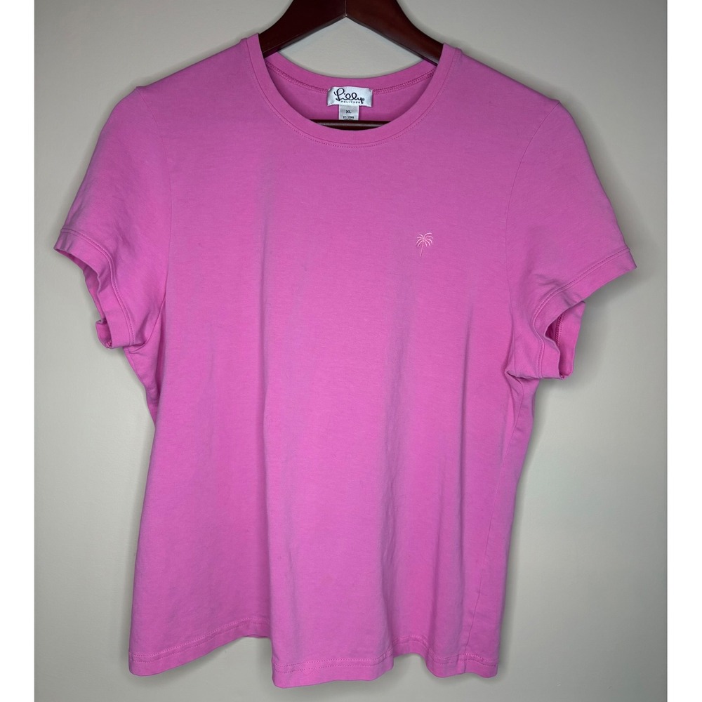 Lilly‎ Pulitzer Pink Pima Cotton Palm Tree Embroidered Tee Preppy Shirt XL